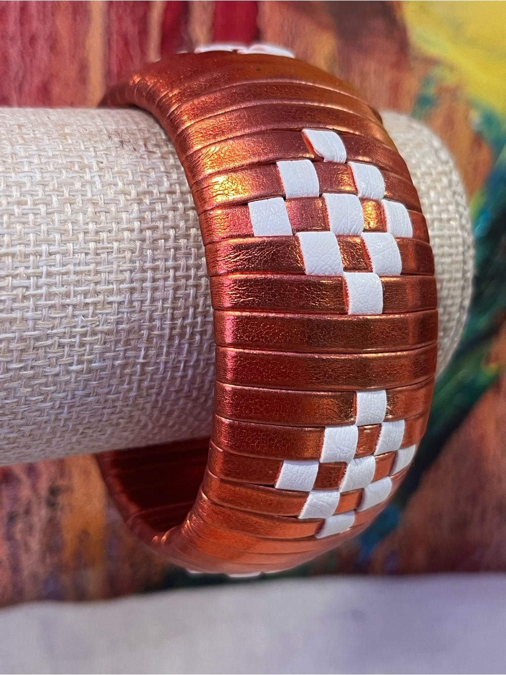 Lauhala Hawaiian Metallic Copper Stretch Bracelet with White Checker Accents